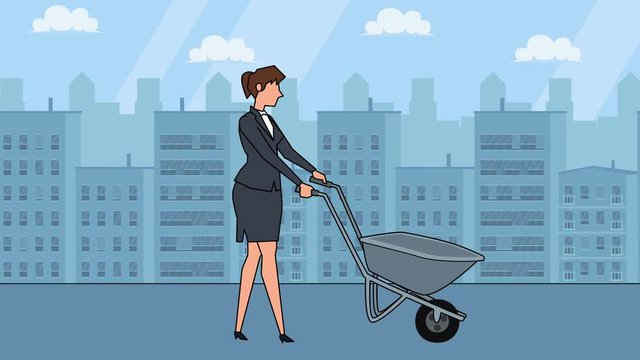 Flat cartoon businesswoman character with empty working cart wheel barrow hand trolley animation