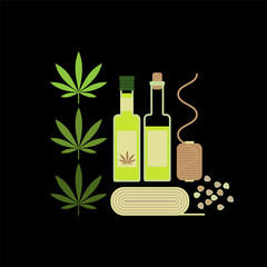 Hemp products concept. Oil, cloth and seeds of cannabis