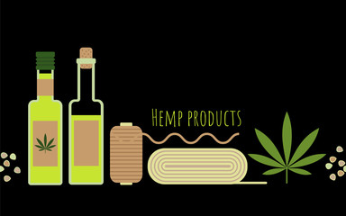 Hemp products concept. Oil, cloth and seeds of cannabis