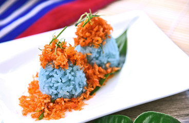 Purple Sweet Sticky Rice with Flavor Shrimps Desert (Thai  name is  Khao Neeo Na Kung)