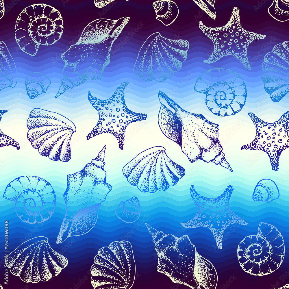 Poster blue waves pattern and hand draw in marine style.