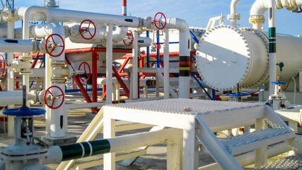 Heat exchangers in a refinery. Heated gasoline air cooler. The e