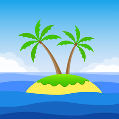 Fototapeta na wymiar Island with palm trees and the sandy beach. Tropical landscape with island, sea or ocean and sky. Vector illustration.