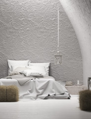 Bedroom interior, Scandi – Boho style, 3d render