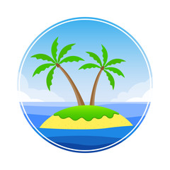 Tropical island in the ocean with palm trees, beach and sky with clouds. Vector illustration. 