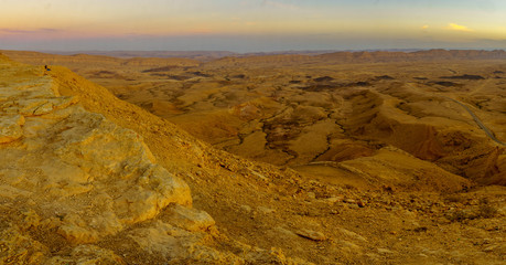 Panoramic sunset view of HaMakhtesh HaGadol (the big crater)