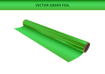 Vector illustration of open roll of plastic green foil. Packaging material, decorative, wrapping or adhesive foil, hot stamping foil or other foil. Icon is isolated on a white background.