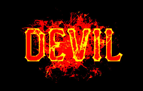 devil word text logo fire flames design with a grunge or grungy texture
