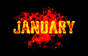 january word text logo fire flames design with a grunge or grungy texture