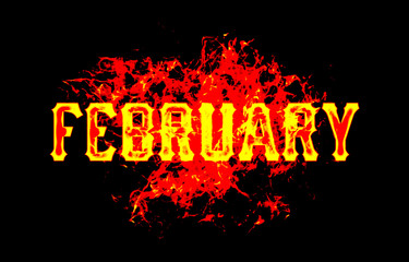 february word text logo fire flames design with a grunge or grungy texture