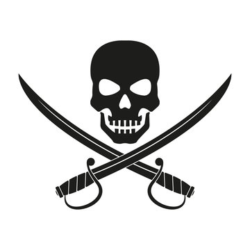 Jolly Roger with crossed swords. Pirate flag emblem with a skull and two sabers or scimitar swords. Vector illustration.