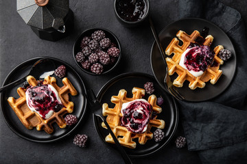 waffles with sour cream and berry sauce - obrazy, fototapety, plakaty