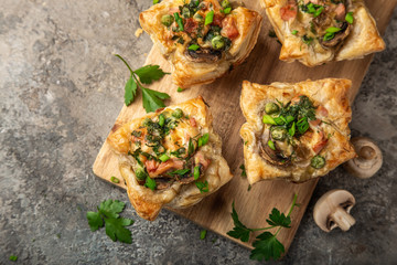 savory puff muffins with ham, mushroom and   vegetables - obrazy, fototapety, plakaty