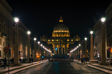 Night view at St Peter's Basilica, one of the largest churches in the world located in Vatican city.