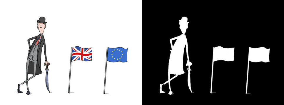 Brexit. Funny illustration of an angry english businessman with umbrella. Can be used on white or with alpha channel. Including European and UK flag.