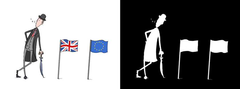 Funny illustration of a whistling english businessman with umbrella. Can be used on white or with alpha channel. Including European and UK flag.