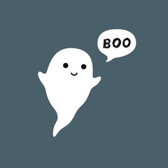 Cute little flying Ghost with white speech bubble Boo. Smiling face, hands. Flat design.