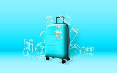 Blue plastic suitcase on blue background. Time to travel concept