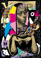 Fototapeta na wymiar woman portrait with a lizard, many colors, exotic, raster illustration over a black background