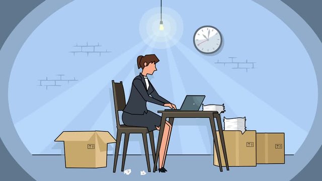 Flat cartoon businesswoman character working on laptop in poor basement workplace animation