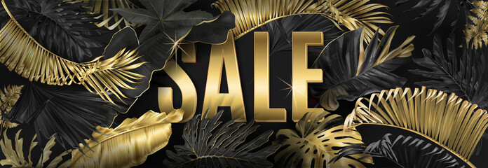 Vector sale big banner with gold tropical leaves