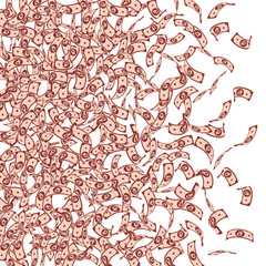 Russian ruble notes falling. Small RUB bills on wh