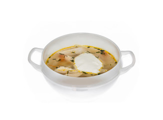 soup dish food from the restaurant. isolated background. view from above . side view