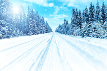 Snowy road in the middle of the woods. Bright sun and falling snowflakes
