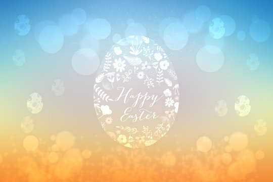 Happy easter background. Abstract orange gradient blue spring background texture with one large egg and many smaller. Space for your design. Card concept.