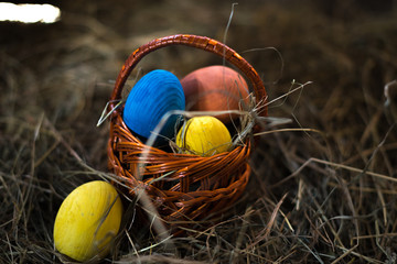 Easter eggs in a basket on a hay with a blurred background