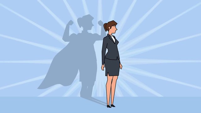 Flat cartoon businesswoman character superhero with cloak shadow concept animation