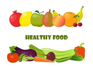 Natural organic vegetables and fruits. Beautiful composition for card, banner, poster, flyer, app, website on healthy eating, ecological, dietology, nutrition, vegetarian themes. Vector illustration.