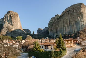 View of the traditional Kastraki village and the rock formation of Meteora, in central Greece....