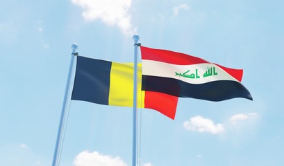 Iraq and Belgium, two flags waving against blue sky. 3d image
