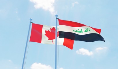 Iraq and Canada, two flags waving against blue sky. 3d image
