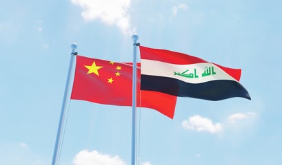 Iraq and China, two flags waving against blue sky. 3d image