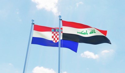 Iraq and Croatia, two flags waving against blue sky. 3d image