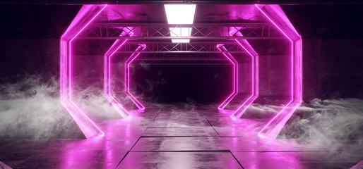 Smoke Futuristic Spaceship Neon Fluorescent Luminous Luxurious Led Laser Ultraviolet Purple  Lights Glowing Dark Grunge Concrete Tunnel Corridor Tiled Floor Alien 3D Rendering