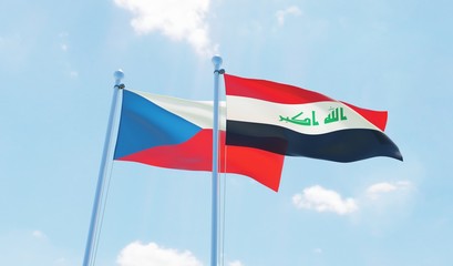 Iraq and Czech Republic, two flags waving against blue sky. 3d image