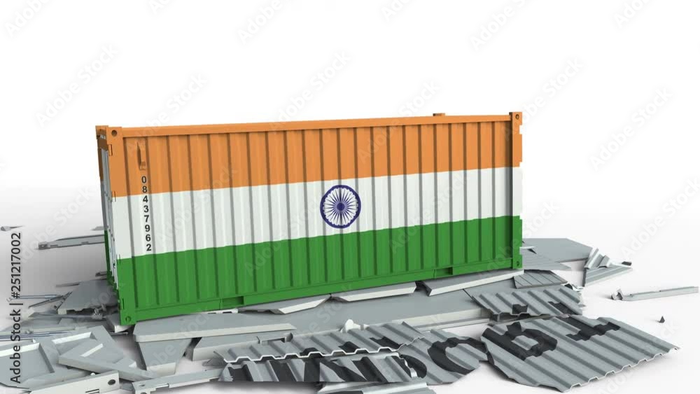 Poster container with import text being crashed with container with flag of india, conceptual 3d animation