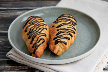 Two croissants with chocolate are in the plate.