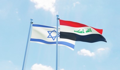 Iraq and Israel, two flags waving against blue sky. 3d image
