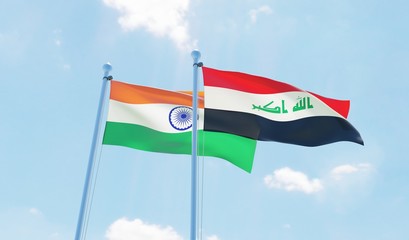Iraq and India, two flags waving against blue sky. 3d image