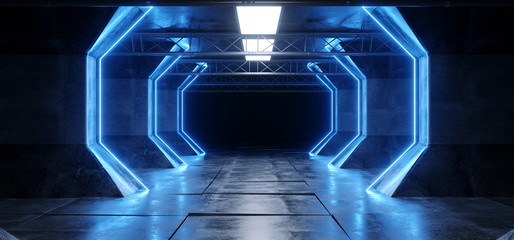 Futuristic Spaceship Neon Fluorescent Luminous Luxurious Led Laser Blue Lights Glowing Dark Grunge Concrete Tunnel Corridor Tiled Floor Alien 3D Rendering