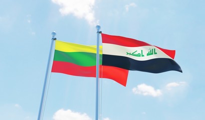 Iraq and Lithuania, two flags waving against blue sky. 3d image