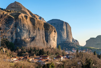 View of the traditional Kastraki village and the rock formation of Meteora, in central Greece....