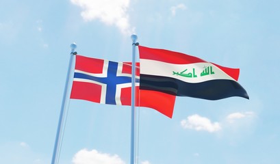 Iraq and Norway, two flags waving against blue sky. 3d image
