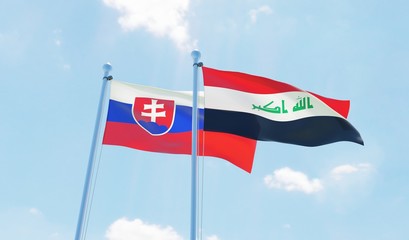 Iraq and Slovakia, two flags waving against blue sky. 3d image