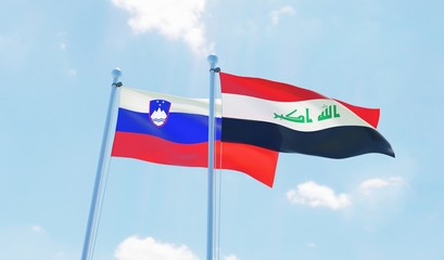 Iraq and Slovenia, two flags waving against blue sky. 3d image