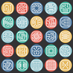 Electronic circuit icons set on color circles black background for graphic and web design, Modern simple vector sign. Internet concept. Trendy symbol for website design web button or mobile app